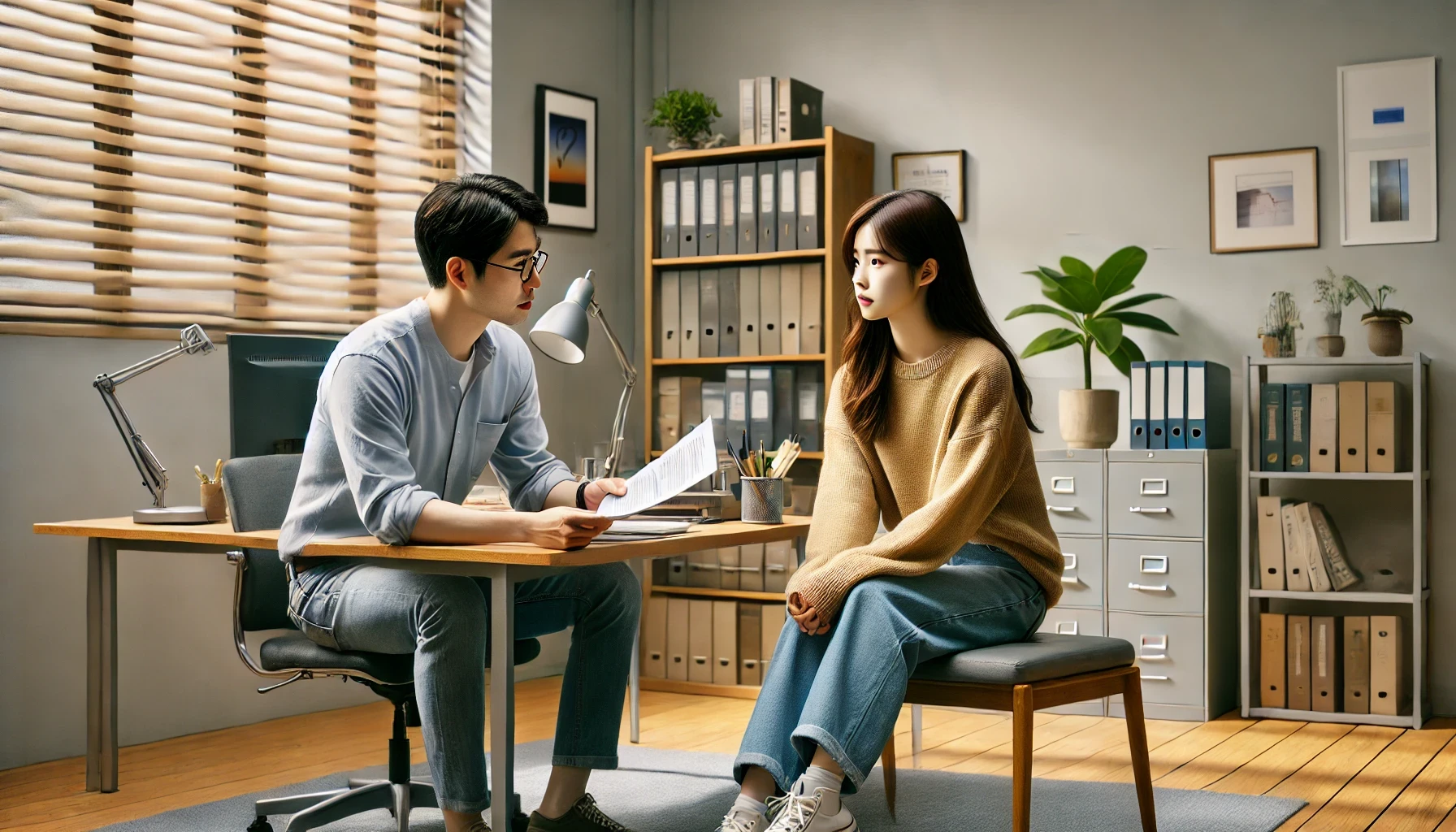 전문가로부터 주의 사항을 듣고 있는 여자